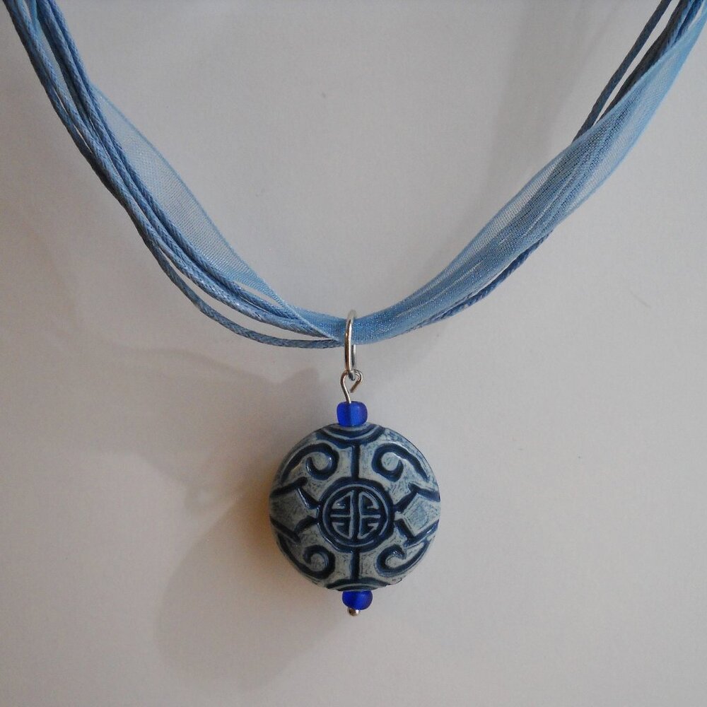 Blue Asian Circle Pendant Organza Necklace Handmade Chinese Characters New Gift
